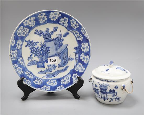 A 19th century Chinese blue and white kamcheng and a similar Hundred Antiques dish